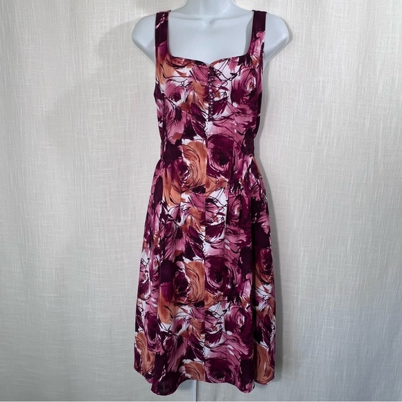 Liz Claiborne Axcess Floral‎ Sweetheart Button Tie Waist Midi Dress Size M - Picture 1 of 14